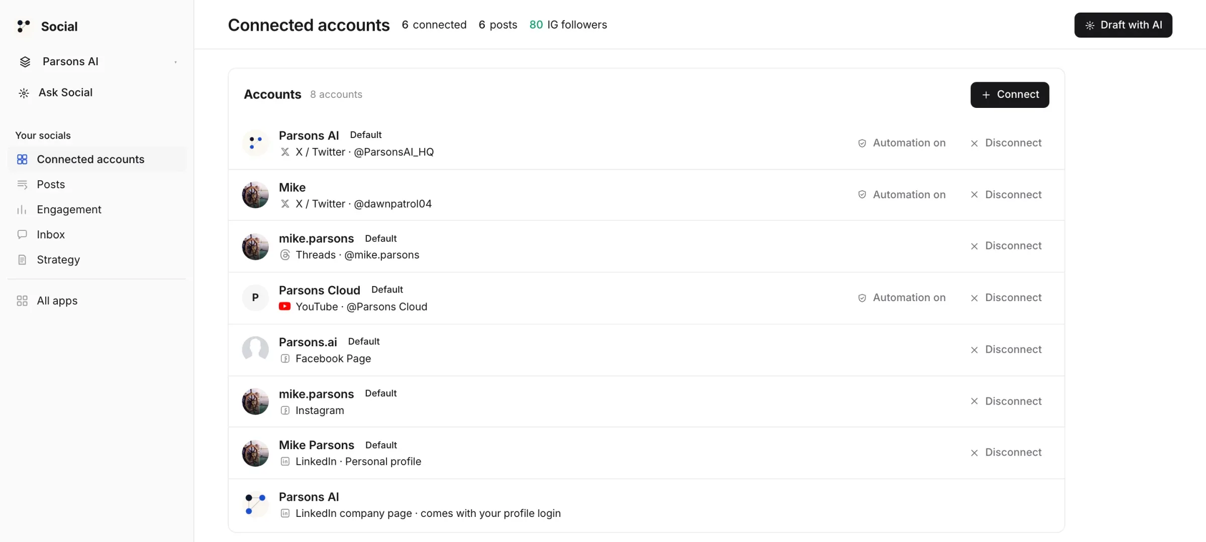 The Social console: six connected accounts across X, YouTube, Threads, Facebook, Instagram and LinkedIn, with automation switched on where the network allows it.